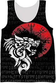 [yayoitimes] Nordic Viking Fenrir Wolf Vest - Unisex 3D Vegvisir Rune Totem Print Crew Neck Quick Drying Sleeveless T-Shirt