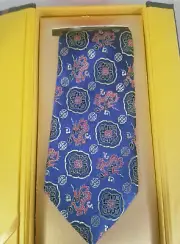 RARE Yun Brocade NeckTie 100% Silk Blue w/ Red Dragons & Gold Geometric Shapes