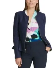 MSRP $139 Dkny Petite Faux-Suede Zip-Front Peplum Jacket Blue Size 12 P