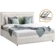 Oikiture Bed Frame Double Size Gas Lift Storage Bed Platform Boucle White