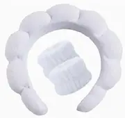 Spa headband with wrist strap for washing your face and a 3-piece set for makeup skincare Bubble skincare headband Fluffy hair bands for women, teens girls Cute Hair Accessories- White