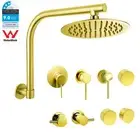 Brushed Gold Round Rain Shower Head Set Swivel Gooseneck Wall Arm Mixer Taps