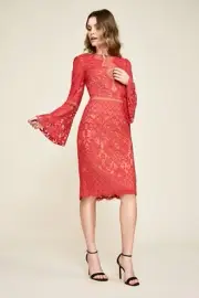 NEW Tadashi Shoji Kyra Bell Sleeve Lace Dress Red Sz 10 Formal Midi Holiday NWT