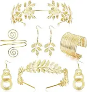 [YADOCA] 6 Pcs Greek Goddess Costume Accessories Set for Women Gold Laurel Leaf Crown Headband Upper Arm Cuff Coil Bracelet Pearl Dangle Earring Bridal Bridesmaid Wedding Headpiece Toga Costume Jewelry