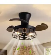 CROSSIO 22" Retractable Ceiling Fans with Lights Black Caged Fandelier Ceilin...