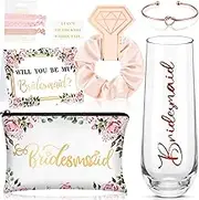 Geyee 9 Pcs Bridesmaid Proposal Gifts Sets Will You Be My Bridesmaid Gift Maid of Honor Box Include Champagne Glass Makeup Bag Bracelet for Engagement Wedding Bachelorette Party Supply(Classic)