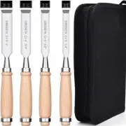 4 Pcs Wood Chisel Set, CRV Steel Bevel Sharp Edge Bench Chisels with Canvas B...