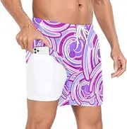 [GuoChe] Beach Shorts for Men Men 2In1 Running Shorts Valentine's Day Purple Swirls Hot Pink with Compression Liner Yoga, Valentine's Day Purple Swirls Hot Pink, Large