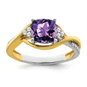 Solid 14k Two-tone Cushion Simulated Amethyst and CZ Ring