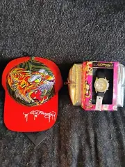 Ed Hardy Orange Tiger Trucker Hat And ED Hardy Watch Lot. Both Nwt Woman's