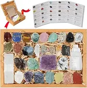 Crystals and Stones Set - Natural Raw Gemstones and Crystals & Tumbled Chakra Stones, Premium Protection Healing Crystals Kit Display in Wooden Box + Info Guide