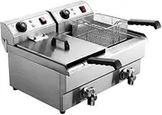 Devanti Deep Fryer, 20L Electric Commercial Double Fryers Oil Heater Frying Pan Japanese Deepfryer Pot Home Kitchen Restaurant Appliances Countertop, with Baskets Lid Portable Stainless Steel Silver