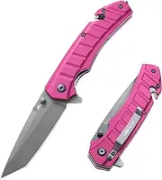 [FLISSA] Folding Pocket Knife with Liner Lock, Tanto Blade, Pocket Clip, Glass Breaker, Seatbelt Cutter, Perfect for Camping(Pink)