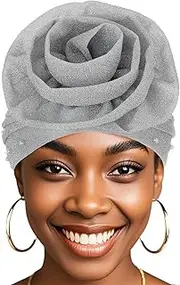 [Bohend] Big Flower Glitter Pleated Headwrap Cap Pearl Pre Tied Turbans Beanie Knotted Bonnet Stretch Headscarf Hat Women