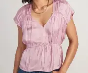Old Navy Blouse Waist-Defined Satiny Shirred Tie-Front Pink Size L NEW!! #16282