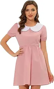 [Allegra K] Women's Contrast Peter Pan Collar Puff Short Sleeve A-line Dress