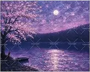 Landscape Paint by Numbers Kit for Adults - DIY Pink Blossom Tree by Moonlit Lake Painting on Canvas 16x20 Inches, Acrylic Paint Set,Suitable for Beginners,Dreamy Art for Decoration or Gifts