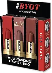 [Iba] Multi-Tasking Lipstick Trio - Party Edit, Lipstick, Blush, Contour Brown Matte, 12g (Pack of 1) | Halal Certified & Vegan Makeup