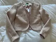 Women’s Aqua Pink Sequins Embellished Tweed Cropped Wool Blazer Jacket Glam XS