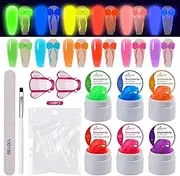 U-Shinein Builder Gel Set for Nails, 6 Neon Colours Gel, Dark Bright Nail Extension Gel, UV Gel, Brush, Nail Mould, Nail File, Nail Stencils, 3D Nail Sculpture Gel, Halloween Nail Art Poly Gel