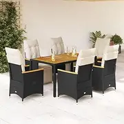 7 Piece Garden Bistro Set with Cushions Black Poly Rattan Patio Bar Sets