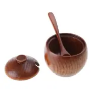Wooden Condiment Jar with Lids and Spoon Seasoning Natural Storage Box
