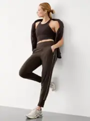 Athleta MP M PETITE Venice High Rise Track Stripe Jogger Truffle Brown/White NWT