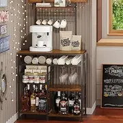 Honkazita Farmhouse Coffee Bar Cabinet 31" Sideboard Buffet Cabinet with 8 Hooks and Removable Sliding Storage Basket,Ideal for Kitchen& Dining&Living Room - Rustic Brown