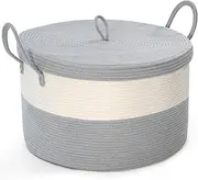 XXL Cotton Rope Basket with Lid, Grey, 21.7" x 13.8" Square, Modern, Living Room, Bedroom, Nursery Storage
