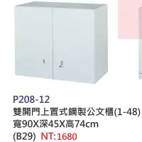 在飛比找Yahoo!奇摩拍賣優惠-【進日興家具】P208-12 雙開門上置式鋼製收納櫃/置物櫃