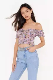 NWT Nasty Gal Rose Floral Tie Front Cropped Bardot Top Peasant Blouse UK 12