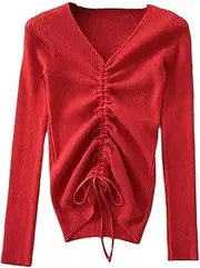 [Hamthuit] Women Lace Up Knitting Pullover Top Sweater Women V-Neck Knit Slim Jumper Sweater