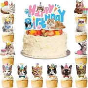 Cat Cake Toppers, 24 Pcs Cat Cupcake Toppers Kitten Theme Cupcake Topper + 1 Pcs Kitten Birthday Cake Topper for Birthday Decorations