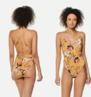 BCBGMAXAZRIA Women's Sz 4 Swimsuit Gold Cute Floral Print Open Sides Crossback