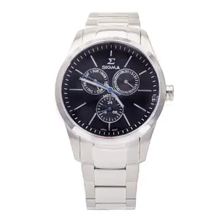 【SIGMA】9815M-1 簡約時尚 藍寶石鏡面 鋼錶帶 日期 三眼男錶 黑/銀 42mm 台南 時代鐘錶