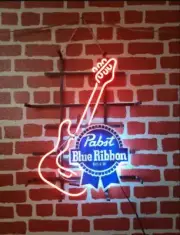 Pabst Blue Ribbon Guitar Beer 17"x14" Neon Light Sign Lamp Bar Open Wall Decor