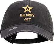 [E4hats] Star US Army Veteran Military Embroidered Washed Solid Pigment Dyed Cotton Twill Brass Buckle Cap