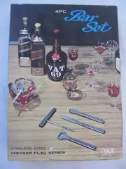 1960's VINTAGE 4 PIECE CHECKER FLAG SERIES BAR SET YAX JAPAN STAINLESS STEEL