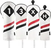 Majek Retro Golf Headcovers White Red and Black Vintage Leather Style 1 3 X H Driver Fairway and Hybrid Head Covers Fits 460cc Drivers Classic Look