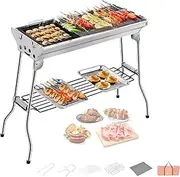 GCLCPAEN Stainless Steel Grill, Foldable Portable Grill Tool Kits, Ventilation Design, 73 x 33.5 cm, for 5-15 People, Temperature Lock, Easy to Add Charcoal, for Camping and Party