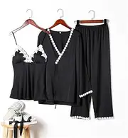 [CASEY-L] Pajamas, Simulation Silk 3 Piece Set Strap Lace Sexy Home Service Summer Autumn Thin Paragraph Nightgown Trousers