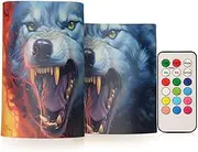 XYMZR Red Fire Blue Wolf Flameless Candles with Remote Set of 2 - No Batteries Included, 3” Diameter Battery Candles Flickering with Timer, LED Pillar Votive Candles for Outdoor Indoor