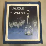 7pc L'AMOUR WINE SET 6 Glasses & CRYSTAL Decanter Hand Cut ROMANIA BNIB