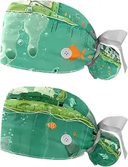 [YTYVAGT] 2-Pc,Nurse Scrub Caps,Scrub Hats with Buttons and Cotton Sweatband,Whale Cartoon City Ocean