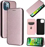 TiHen Compatible for Case iPhone 13 Mini, Flip Carbon Fiber [Drop Tested] Shockproof Stand Anti Fingerprints Cover with Card Slot+Tempered Glass Screen Protector*2-Rose Gold