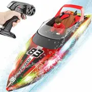 Remote Control Boat with LED Lights, 40 Mins Play Time, Waterproof Remote Control Boat for Pools Lakes, Summer Water Toys for Kids (Red)