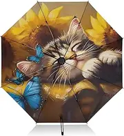 [PDZRMY] Scottish Fold Cat Cute UV Protection Travel Umbrella Compact for Rain and Sun - Auto Open and Close UPF 50+ Windproof Portable 46” Sun Umbrella for Women and Men