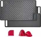 Cast Iron Griddle, Nonstick Reversible Griddle Pan with Scraper & Mitts for Gas