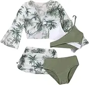 [COOLOYA] Girl's 4 Piece Set Coconut Tree Print Criss Cross Bikini Sets with Mesh Cover Up Monokini