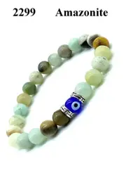 Natural Amazonite Beads, Round Stretch Evil Eye Bracelet #2299